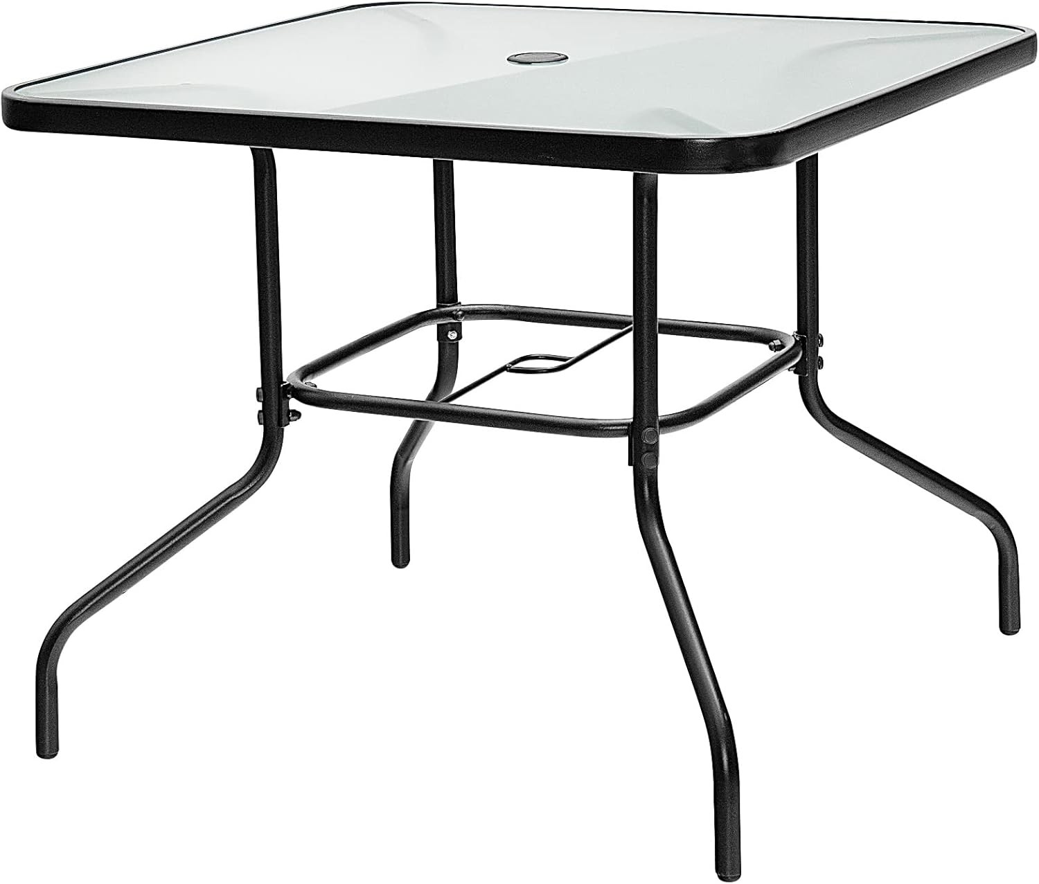 35" Patio Dining Table for 4–Square Outdoor Table w/Tempered Glass Top Umbrella.