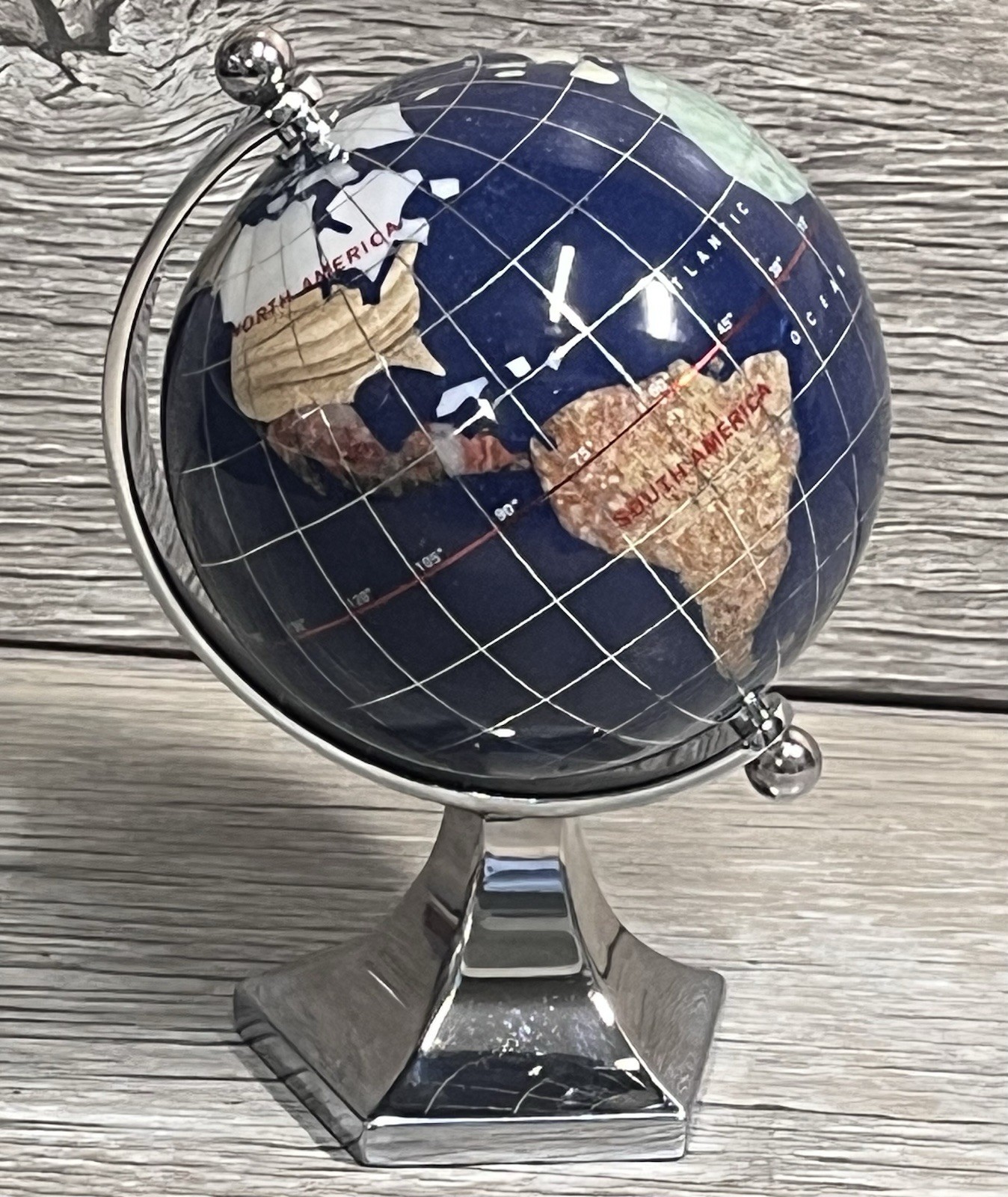 GEMSTONE MINI WORLD GLOBE Semi-Precious Inlay Chrome Stand 5.5" Tabletop Decor