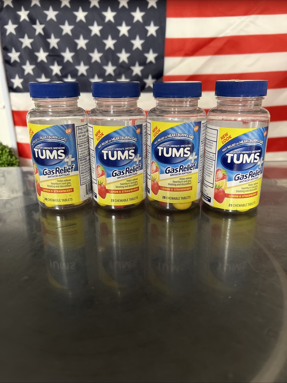 4x Tums Gas Relief Antacid Lemon Strawberry Chewables 28ct ea. Exp 06/27
