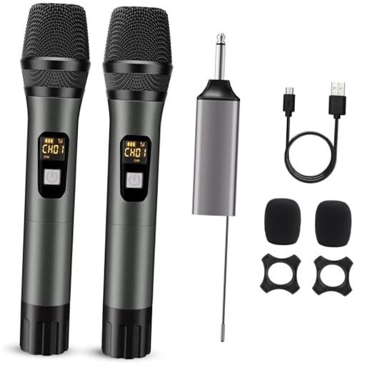 Wireless Microphone, Handheld UHF Dual Metal Cordless Dynamic Mic Dual Mic Grey