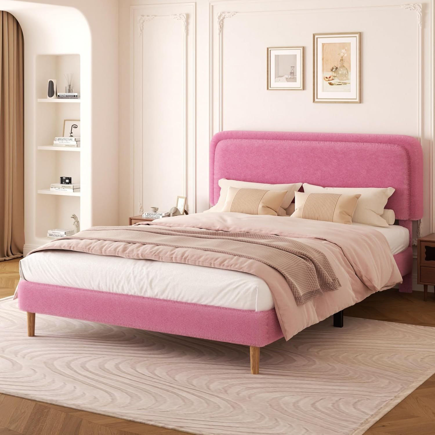 Full Size Faux Rabbit Fur Upholstered Platform Bed Frame with Adjustable Headboa