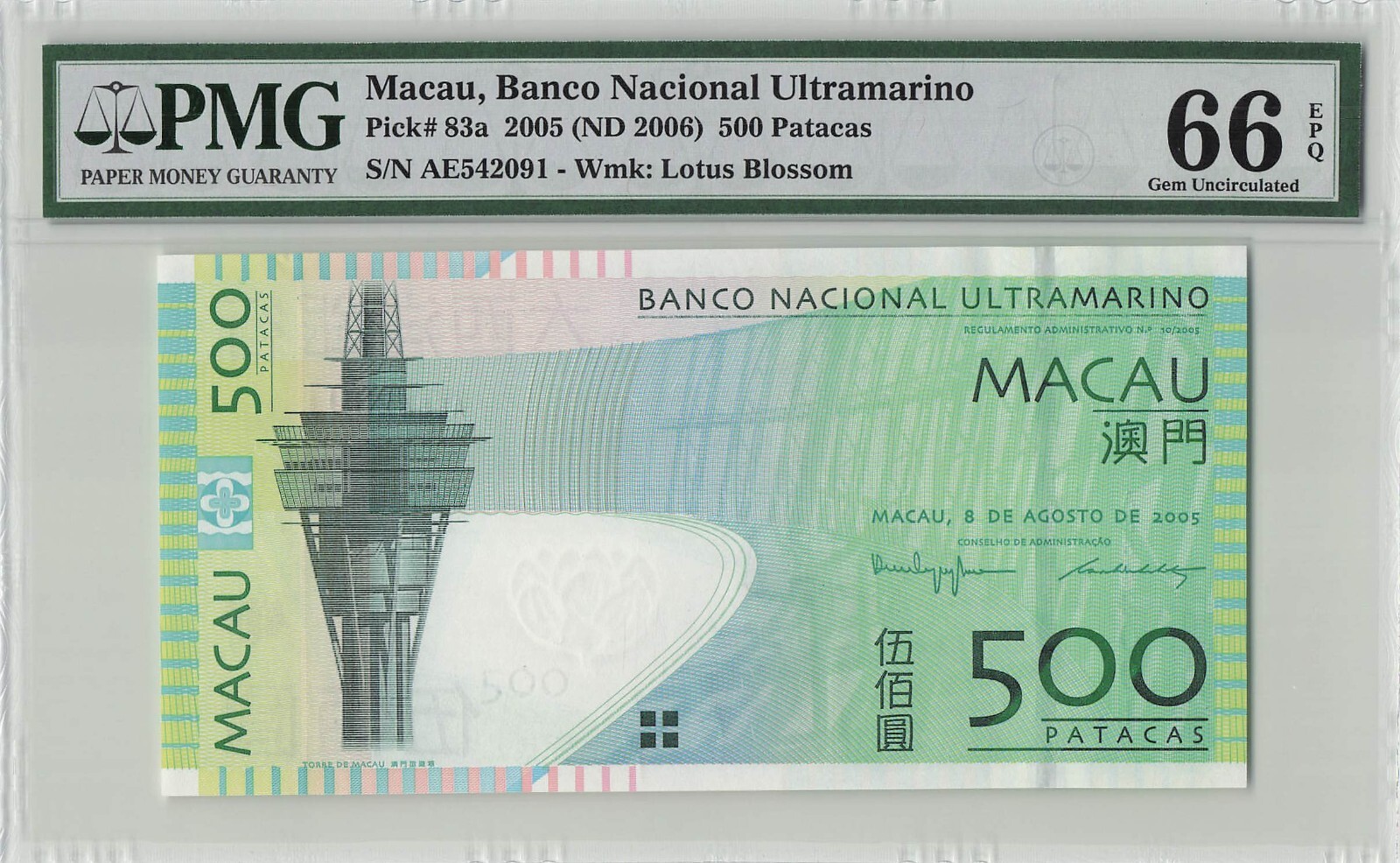 Macau, Banco Nacional Ultramarino P83a, PMG Graded 66 Gem Uncirculated. Banknote