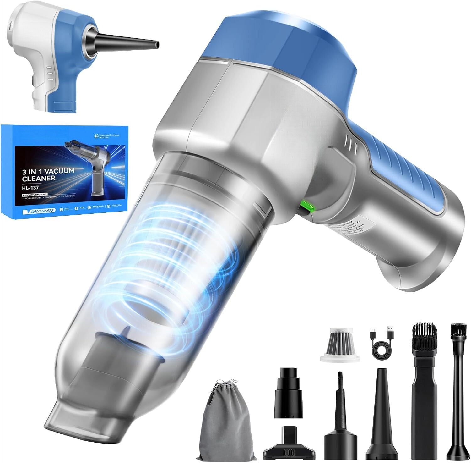 3-in-1 Mini Vacuum Cleaner, 15,000 PA Powerful Suction, Adjustable