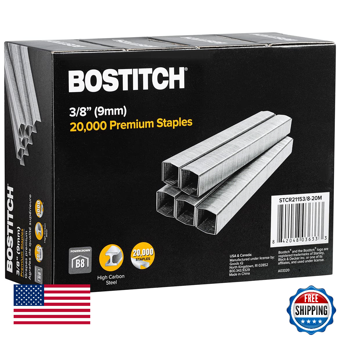 Bostitch B8 Powercrown Staples 3/8 Inch Length - 20,000 Pack