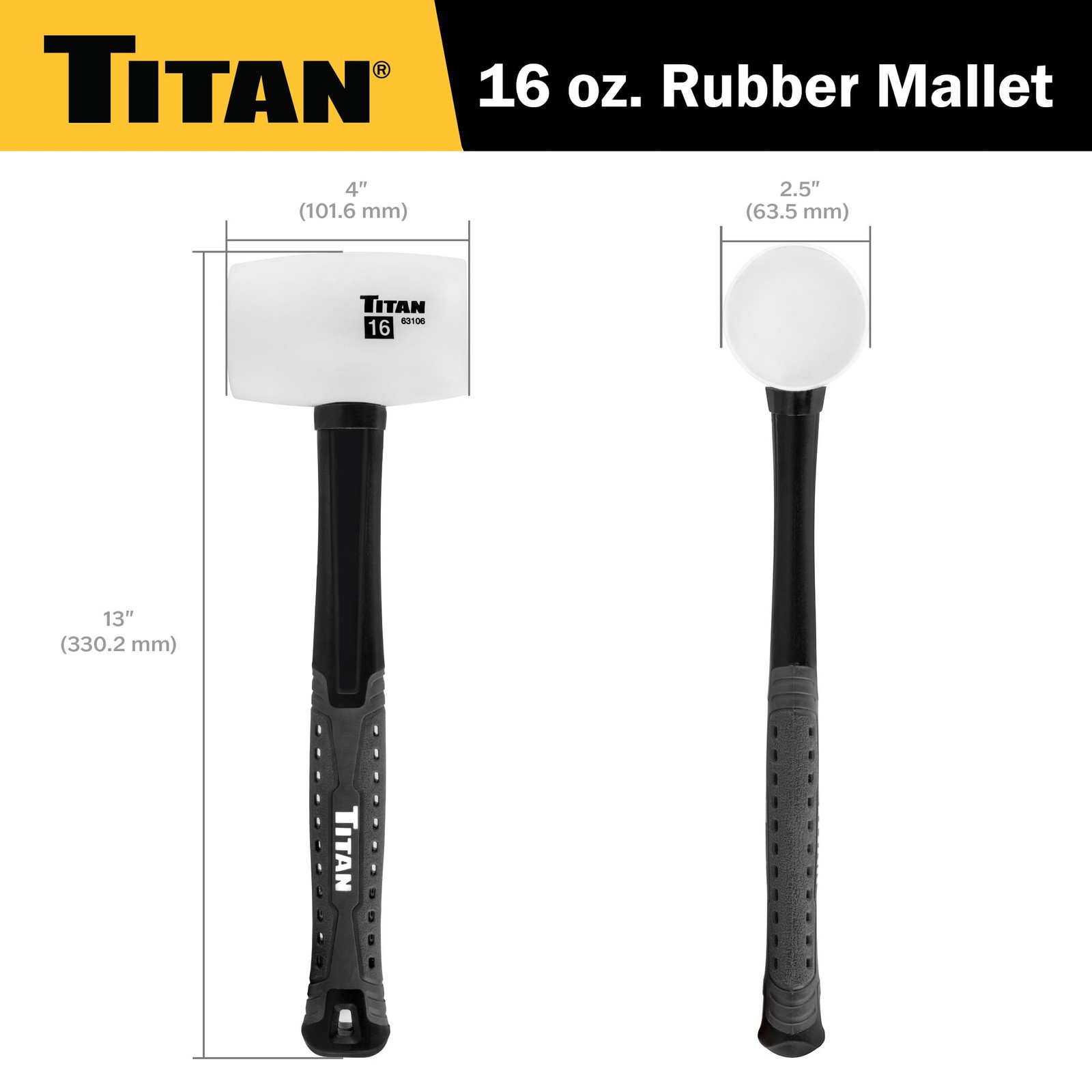 Titan 63106 16oz White Rubber Mallet, Non-marking Double-faced Solid