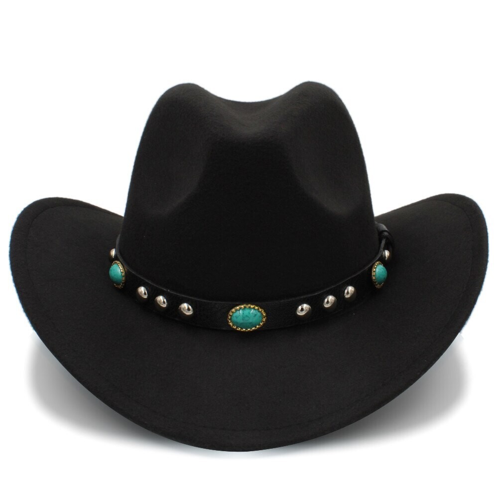 Black Western Cowboy, Cowgirl Hat, Turquoise Strap, Men Women Retro Wide Brim