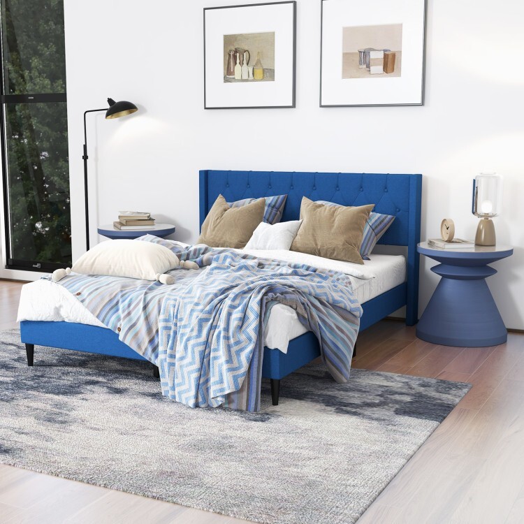 Queen Size Platform Bed Frame Upholstered With Button Tufted Wingback Headboard