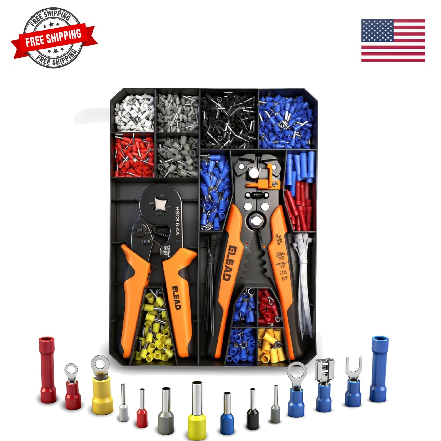 1188-Piece Ferrule Crimping & Stripping Tool Kit, AWG 23-7 0.25-10 mm² Ferrul...