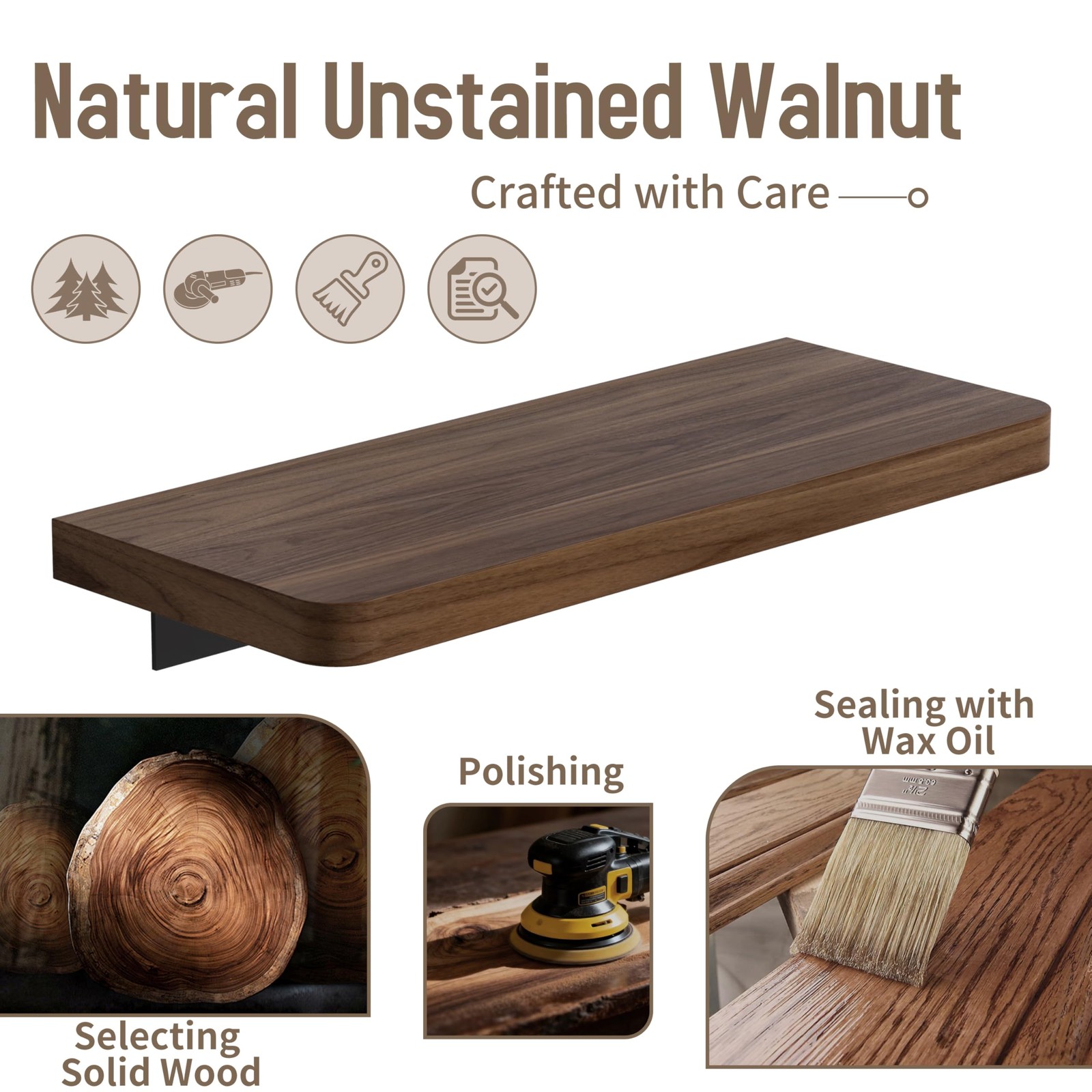 12 inch Solid Walnut Floating Shelf - Versatile Wall Shelf for Kitchen, Bathr...