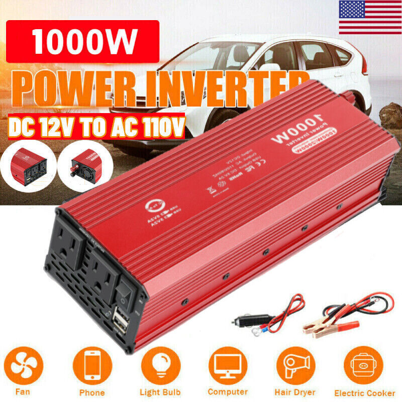 1000W Car Power Inverter Converter Adapter Charger 12V to 110V 2USB 2Socket Trip