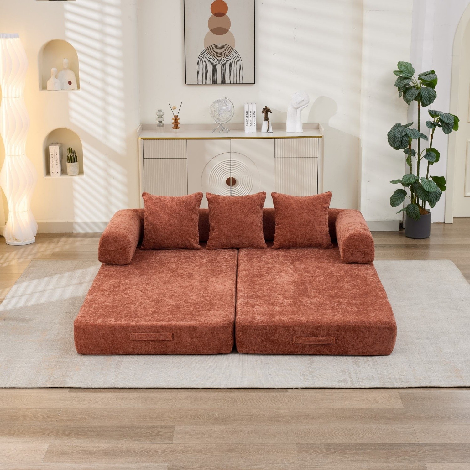 Modern Convertible Floor Sofa Bed Folding Mattress Couch with Armrests & Pillows