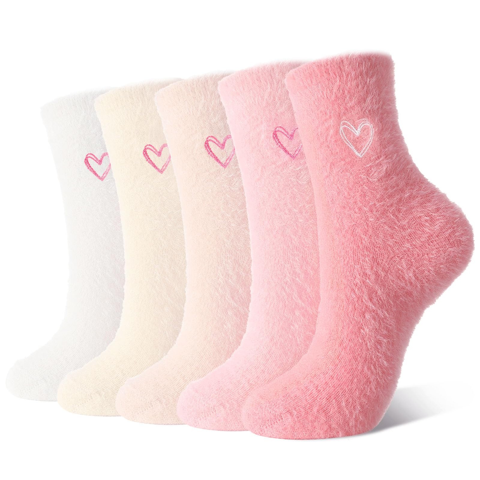 scenicamp 5 Pairs Heart Fuzzy Socks for Women One Size, Light Color