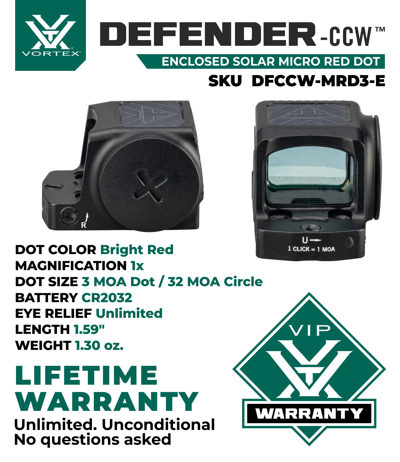 Vortex Optics Defender-CCW Enclosed Solar 3 MOA Dot/32 MOA Circle Micro Red Dot