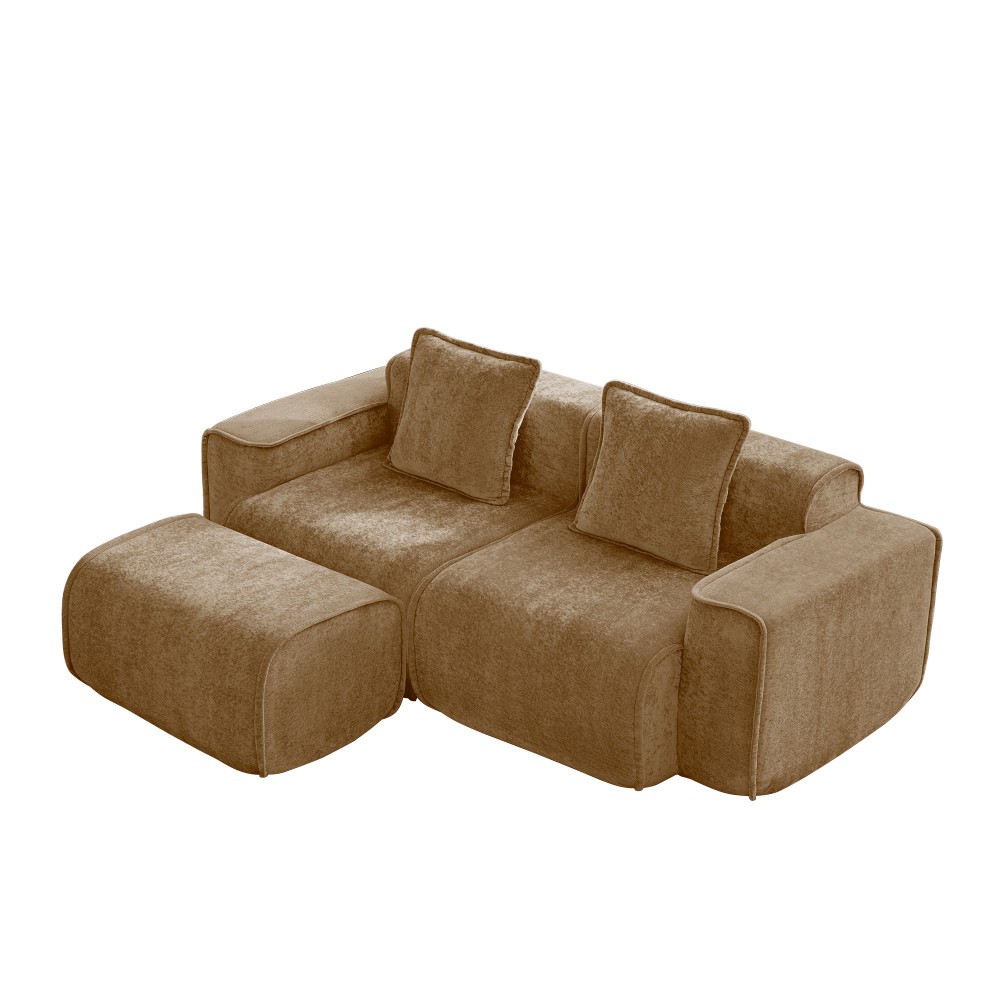L-Shape Sectional Sofa w/ Ottoman Compressed Sofa Velvet Brown, No Assembly