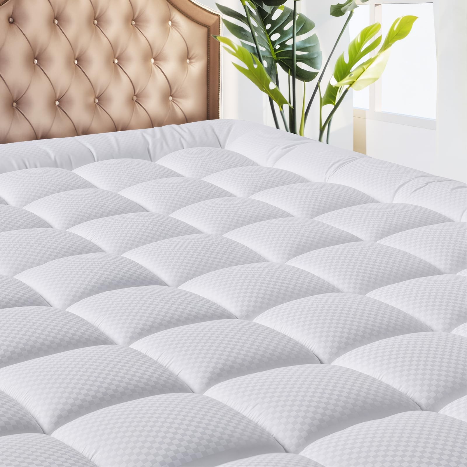 MATBEBY Queen Size Mattress Pad - Cooling Breathable Queen, White - Checkered