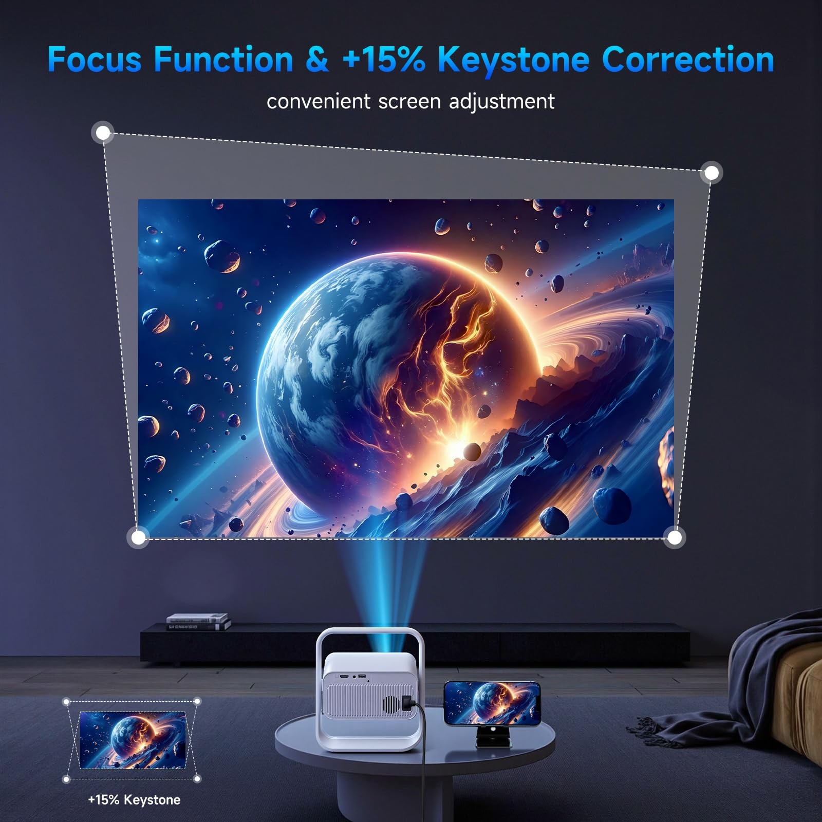 SGV Smart Mini Projector, Electric Focus Keystone Correction, 1080P 4K Suppor...