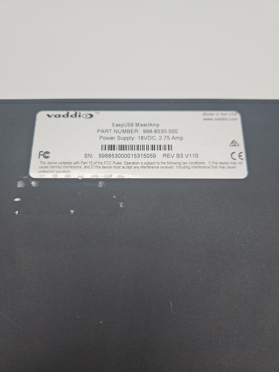 Vaddio EasyUSB Mixer/Amp 998-8530-000 - NO Power Adapter