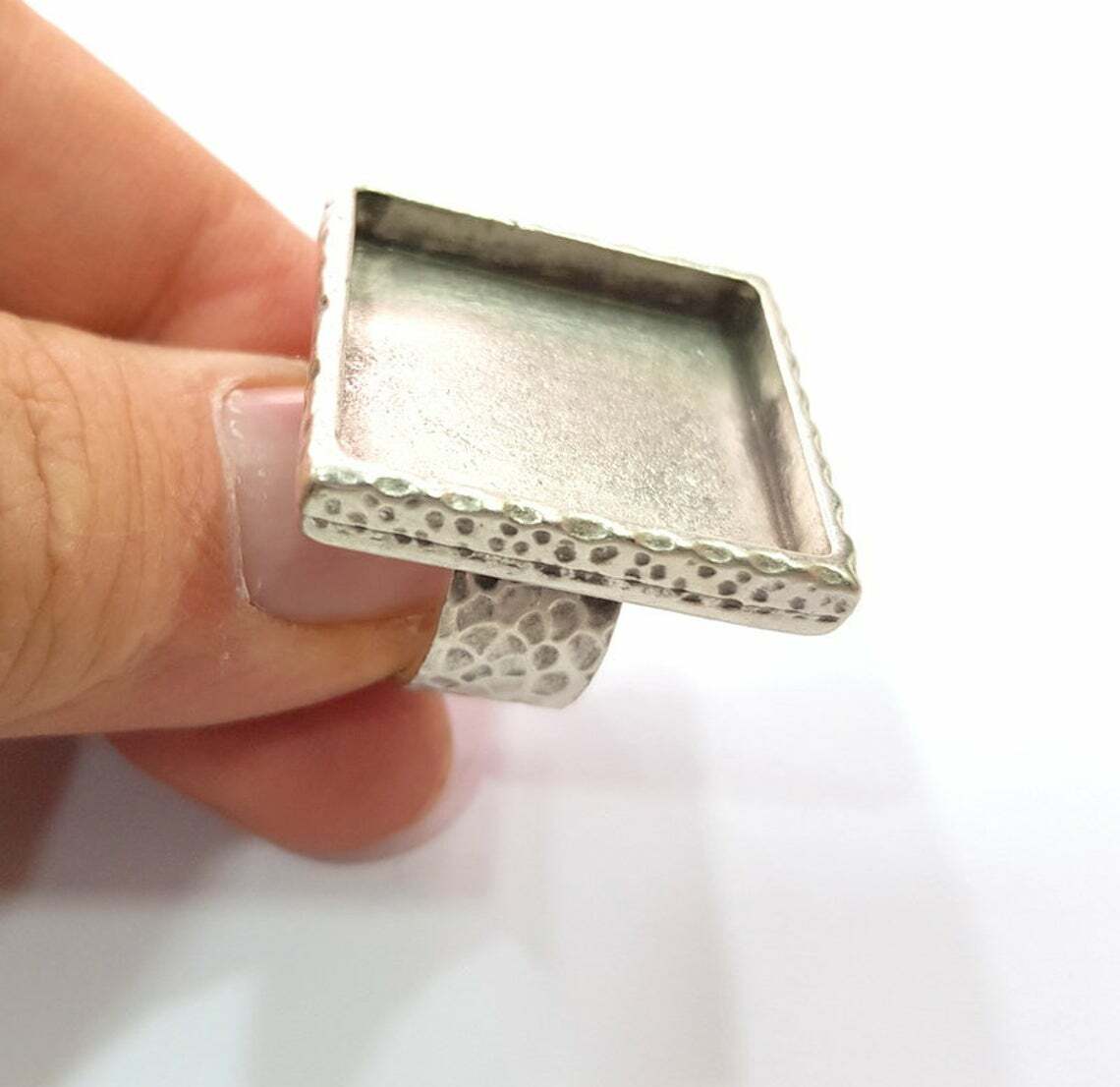 Hammered Square Ring Blank Base Bezel Setting Adjustable Antique Silver
