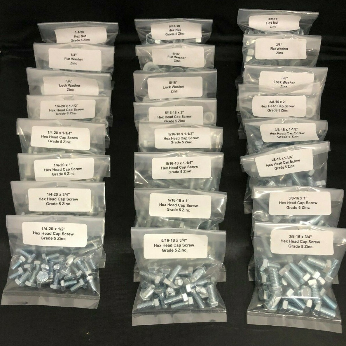 980pcs ASSORTMENT- GRADE 5 BOLT, NUT, WASHER, & LOCK WASHER 1/4” 5/16” 3/8”