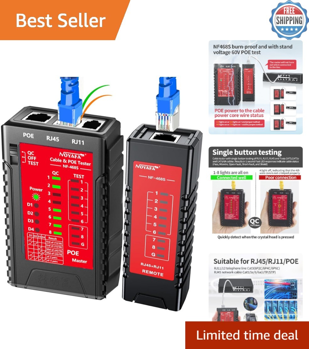 Professional Network Cable Tester for RJ45, RJ11 & PoE | Compact & LED Display