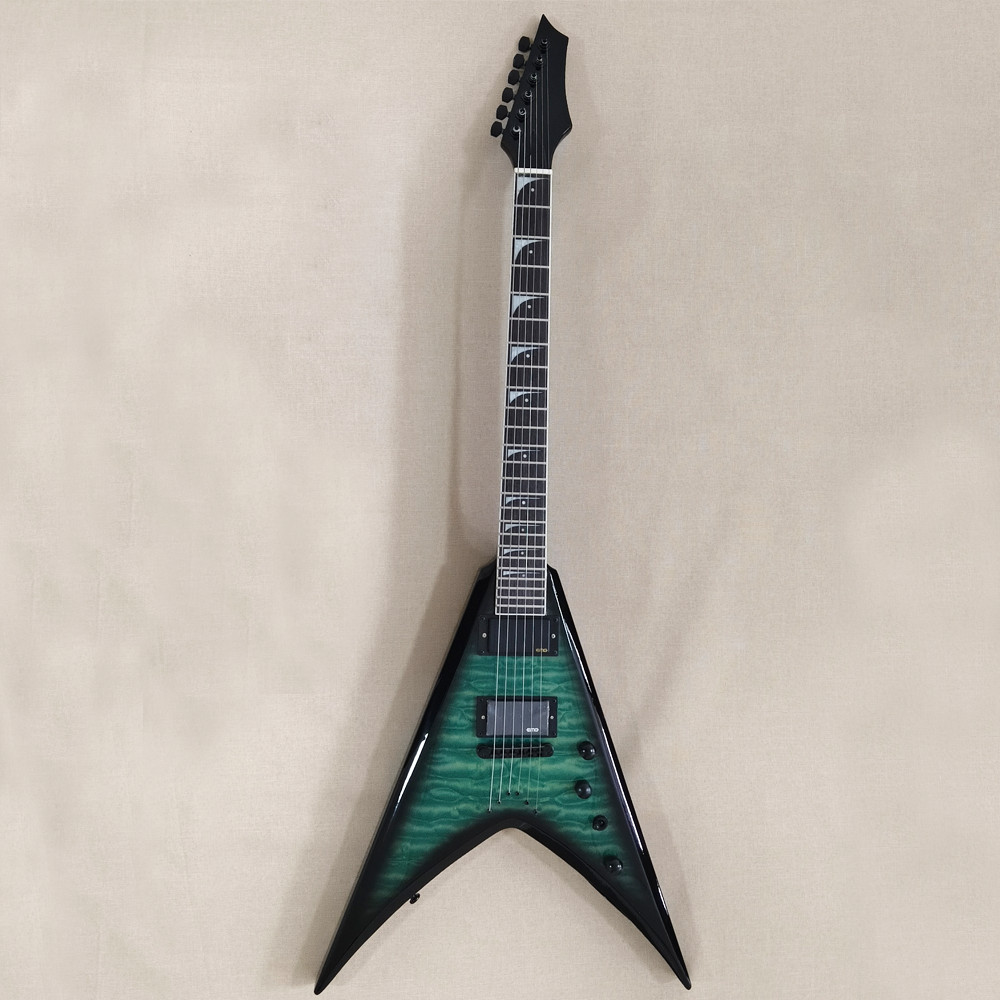 6 String Greenburst V Style Electric Guitar Rosewood Fretboard Abalone Inlay
