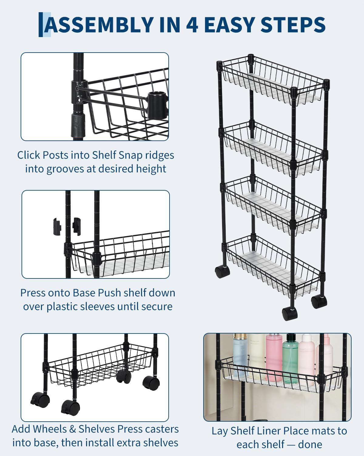 4-Tier Slim Rolling Storage Cart, Metal Utility Cart on Wheels, Multi-Functional