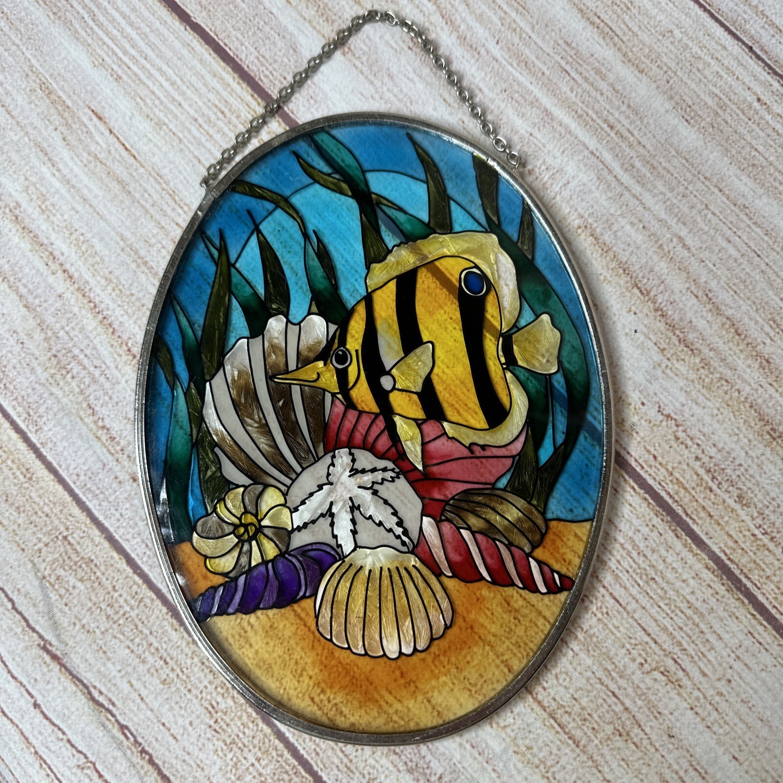 Painted Art Glass Tropical Fish Seashell Ocean Clam Shell Oval Window Suncatcher