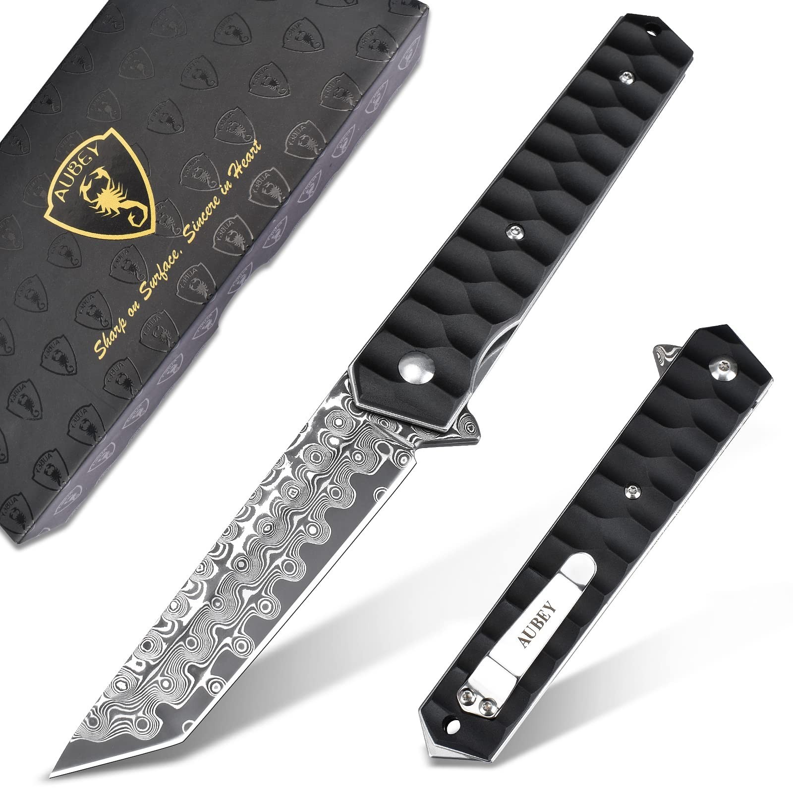AUBEY Damascus Pocket Knife with Clip, Tanto Blade Damascus Steel Folding Kni...