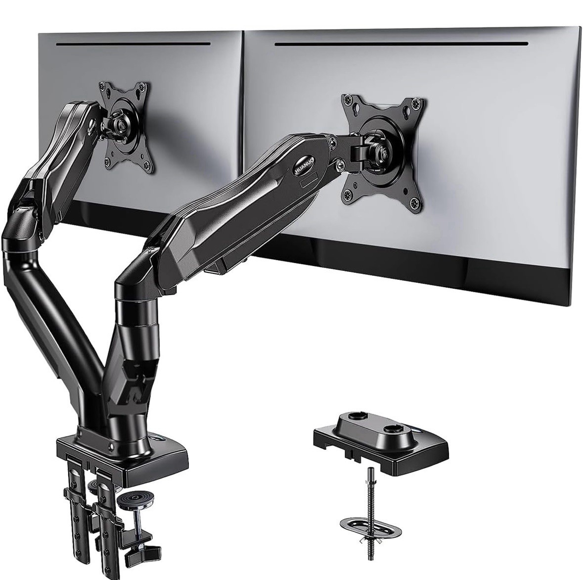 HUANUO Dual Monitor Arm Desk Mount – 13–32” Swivel VESA w/ C-Clamp & Grommet