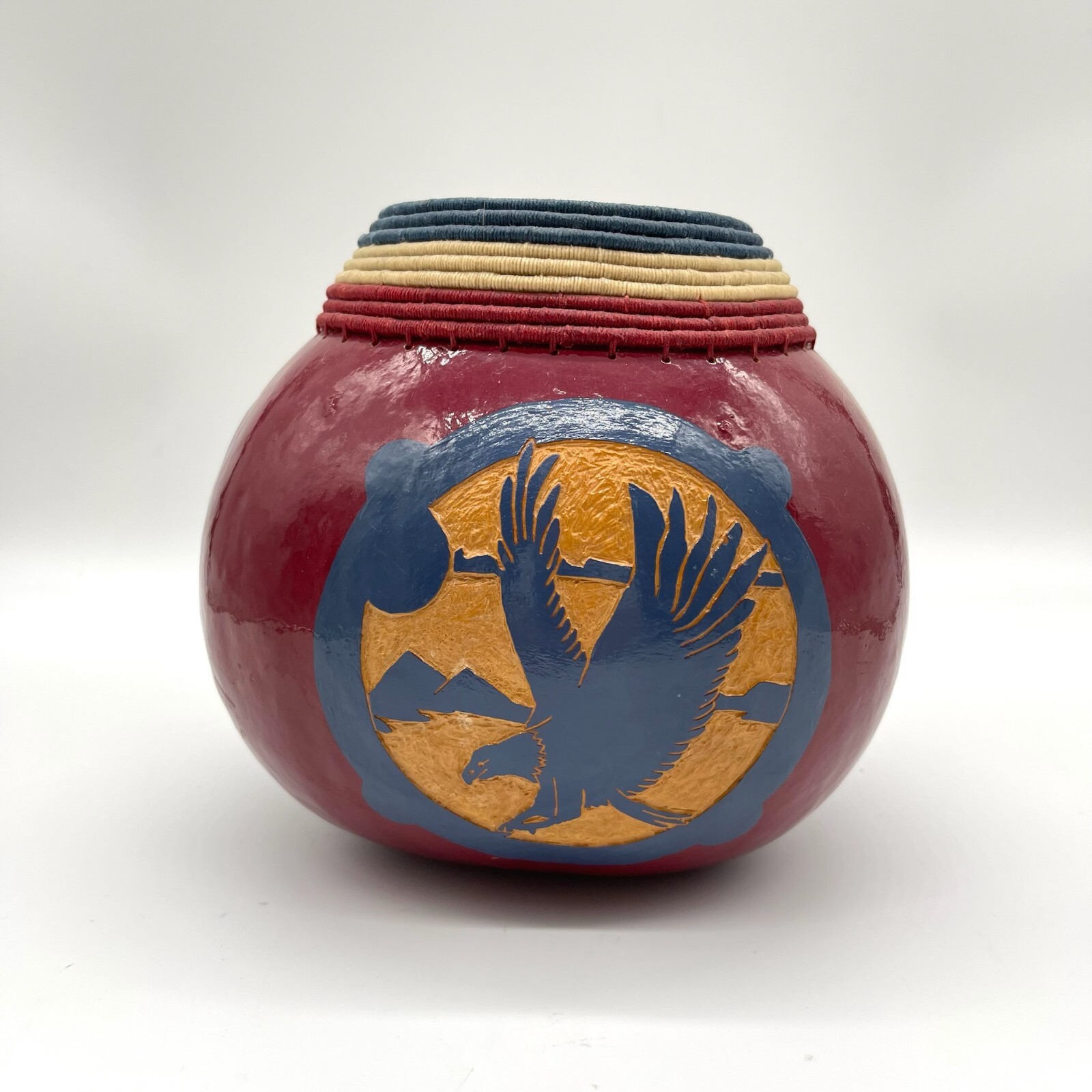 Vtg Carved Painted Gourd Signed Laraine Short Eagle Patriotic Red White Blue USA