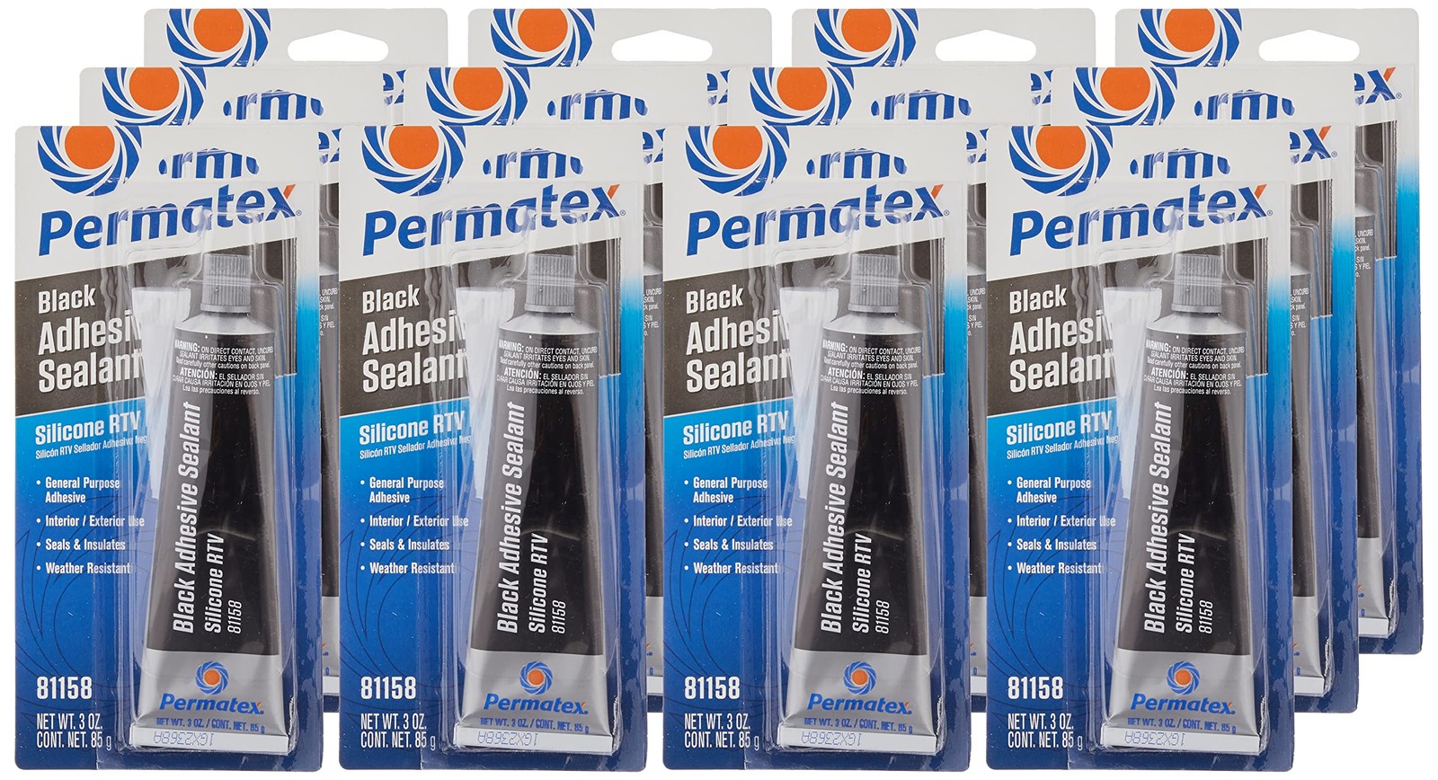 Permatex 81158-12PK Black Silicone Adhesive Sealant, 3 oz. Pack of 12,