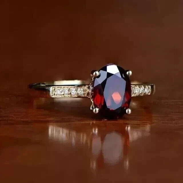 4.50CT Oval cut Natural Red Garnet & Diamond 14K solid Yellow gold Wedding Ring