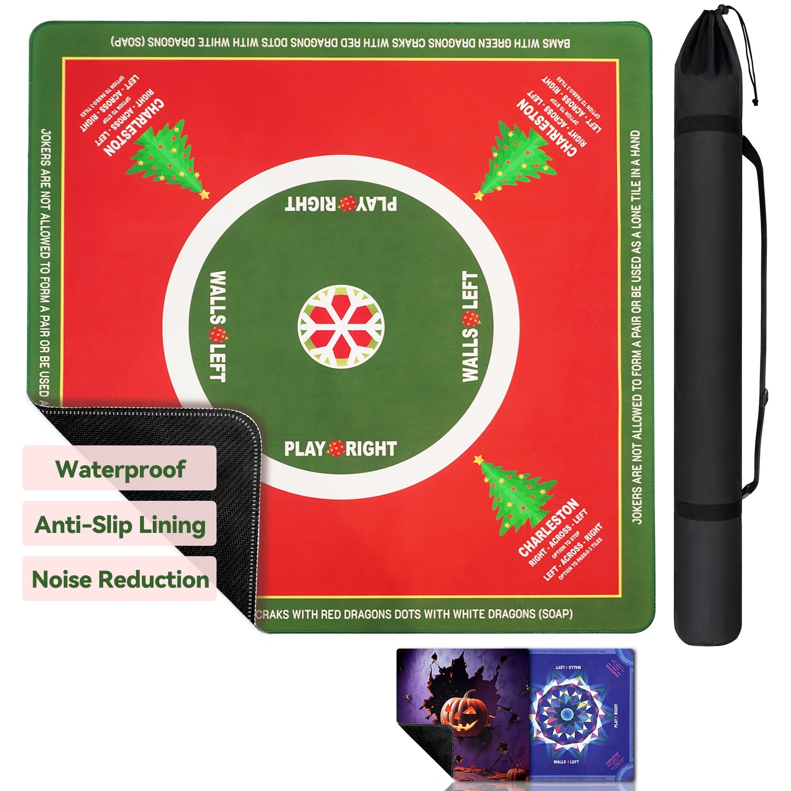 Christmas Tree Mahjong Mat with Rules, 33x33", Non-Slip & Waterproof with Bag