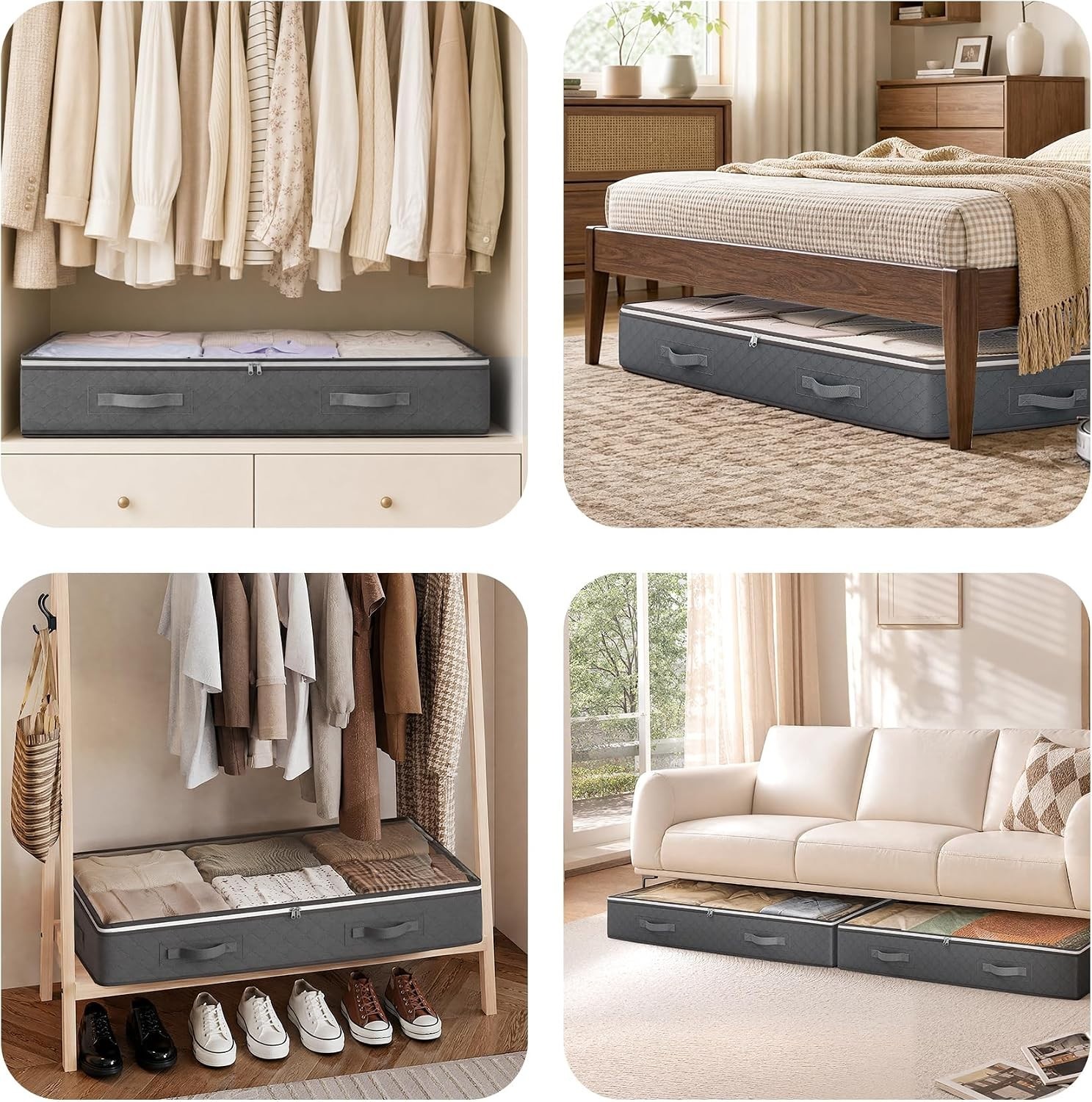90L Under Bed Storage Containers, 4 Pack Closet Organizers Grey | Foldable un...
