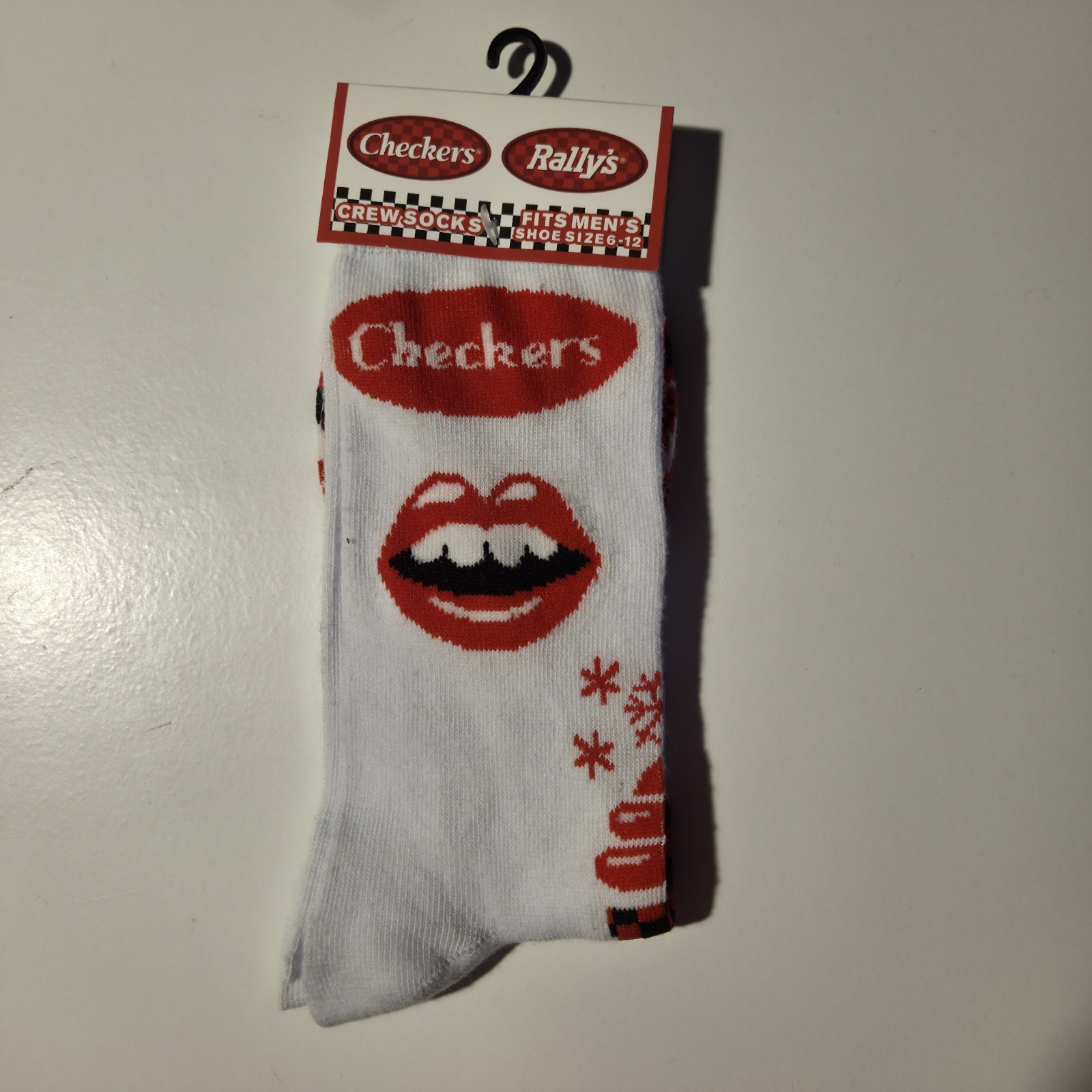 Checkers Rally's Crew Socks Men's Shoe Size 6-12 White Red Black Novelty