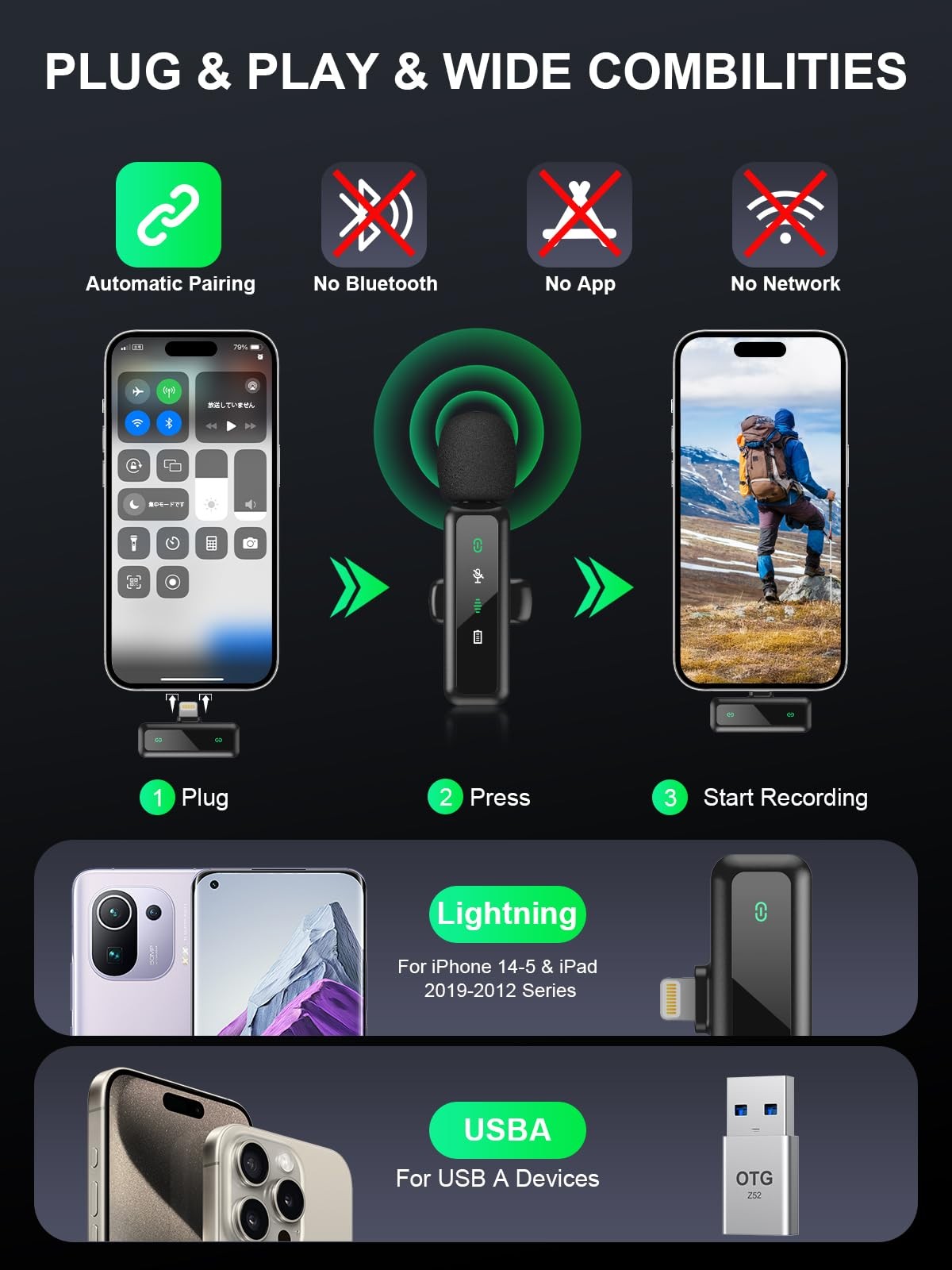 Wireless Lavalier Microphone for iPhone 5-14 Series, LED Display Small, Black