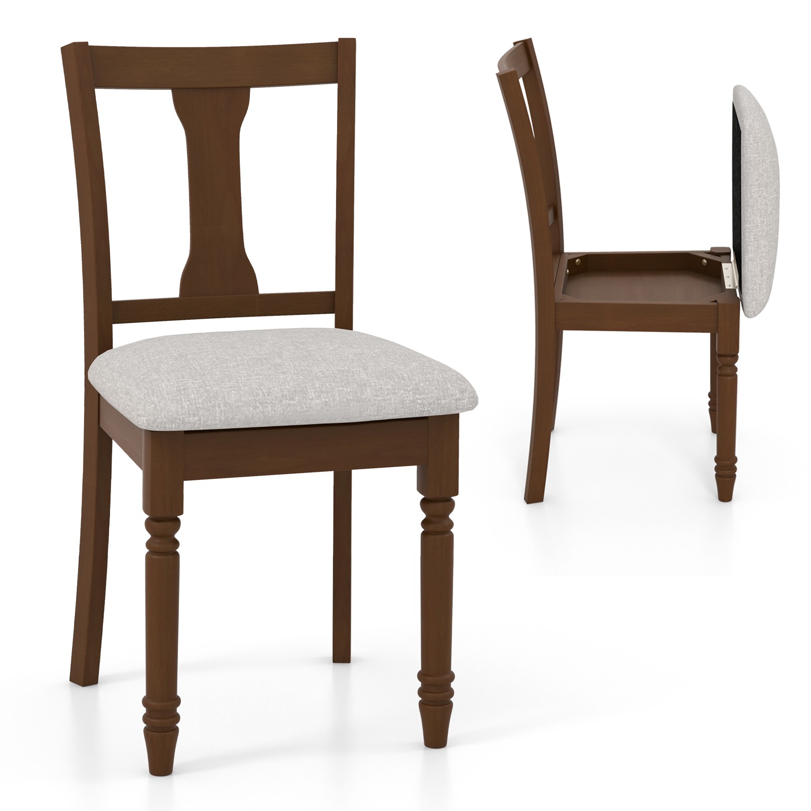 2 PCS Wood Chair Antique Upholstered Chair w/ Storage Space Brown & Light Gray