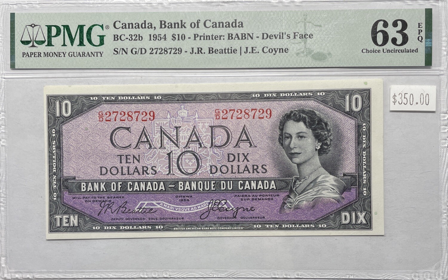 1954 Bank Of Canada $10 Devils Face, BC-32b, PMG Certified MS63. MB-039