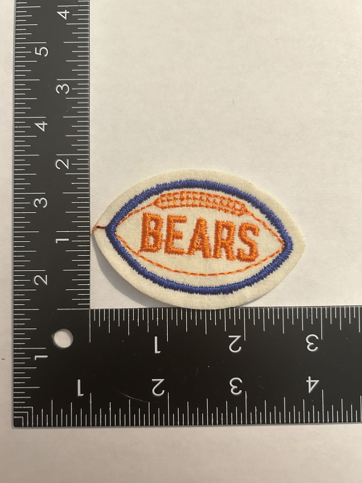 1970s VINTAGE NFL FOOTBALL SHAPED 2.75"  PATCH BEARS ORANGE TEXT BLUE FOOTBALL