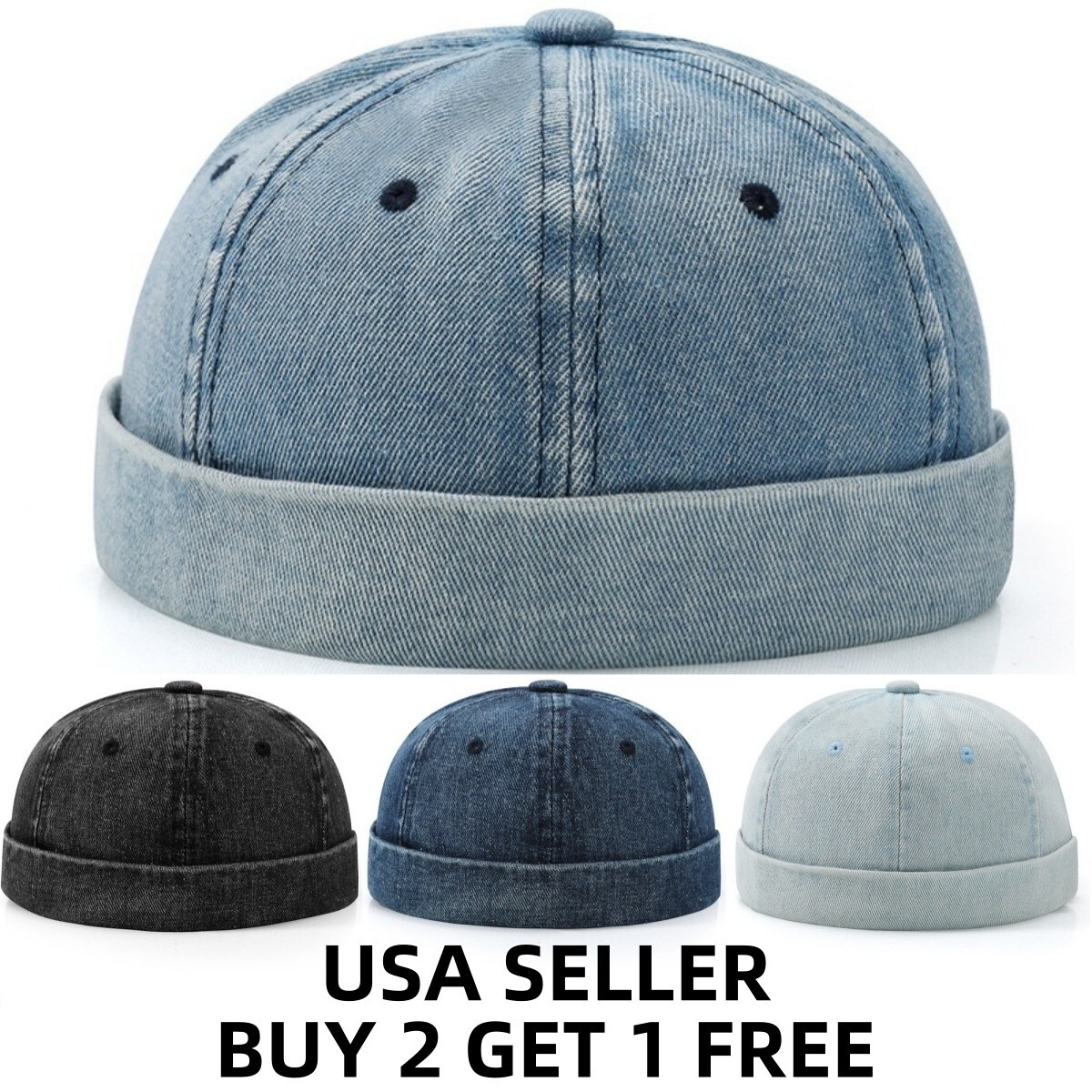 Men Denim Retro Brimless Hat Skull cap Sailor Cap Beanie Rolled Cuff Adjustable
