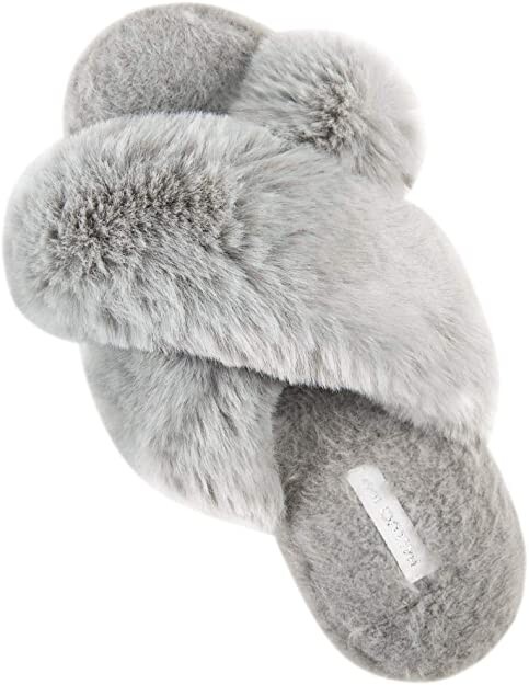 HALLUCI Women's Cross Band Soft Plush Fleece House Indoor Outdoor Slippers M