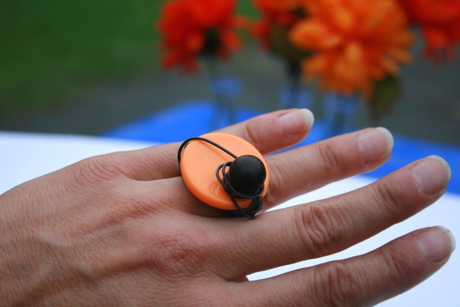 Large Wire Wrapped Statement Ring, Orange Disc with Ball Charm, Size 8, NEW
