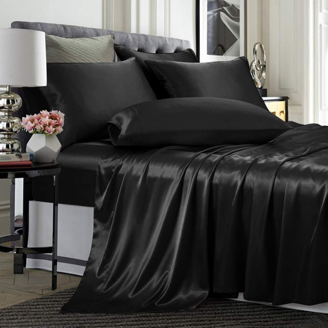 6 Piece Satin Sheets Queen Size Silky Smooth Black Satin Sheet Set With Deep Poc