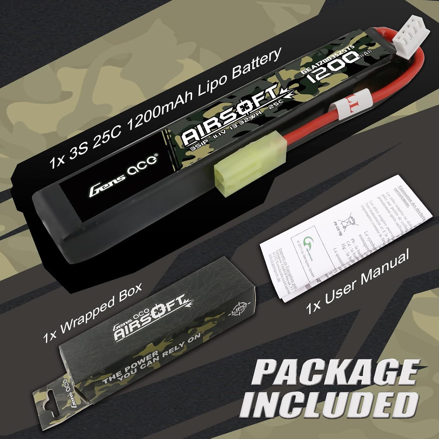 Gens ace 25C 1200mAh 3S1P 11.1V Slim Airsoft Battery with Tamiya For airsoft gun