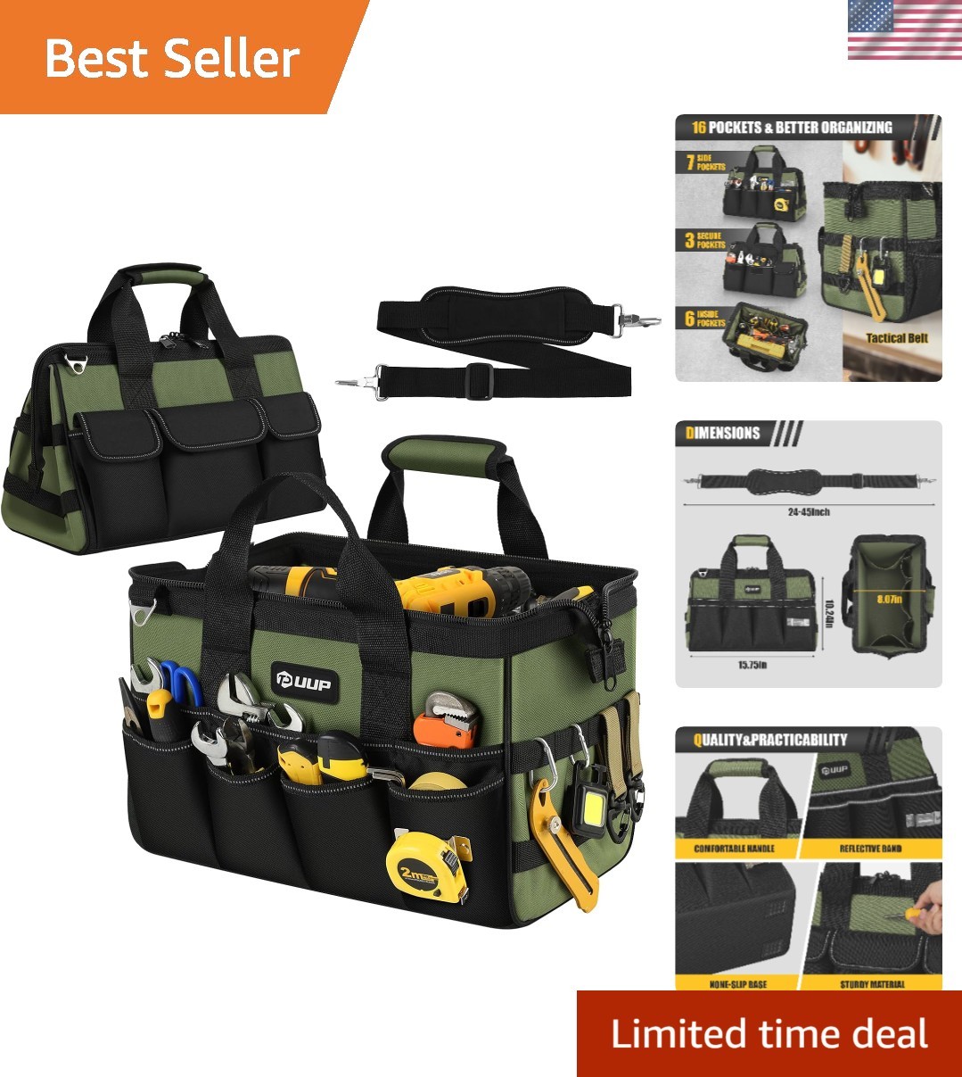 Heavy Duty Tool Bag 15Inch, 16-Pocket Portable Empty Tool Box Organizer | Big...