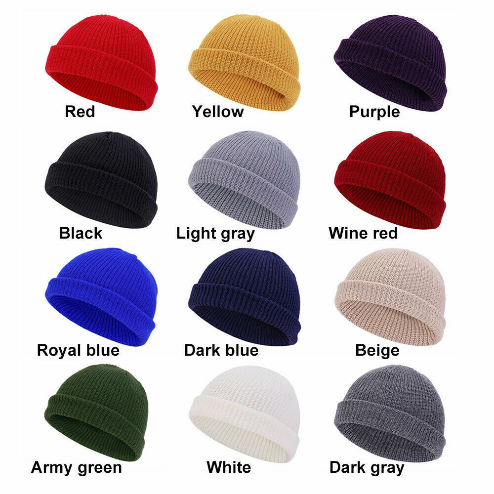 Winter Mini Short Fisherman Beanie Hat Ribbed Docker Warm Knitted Skull Cap cuff