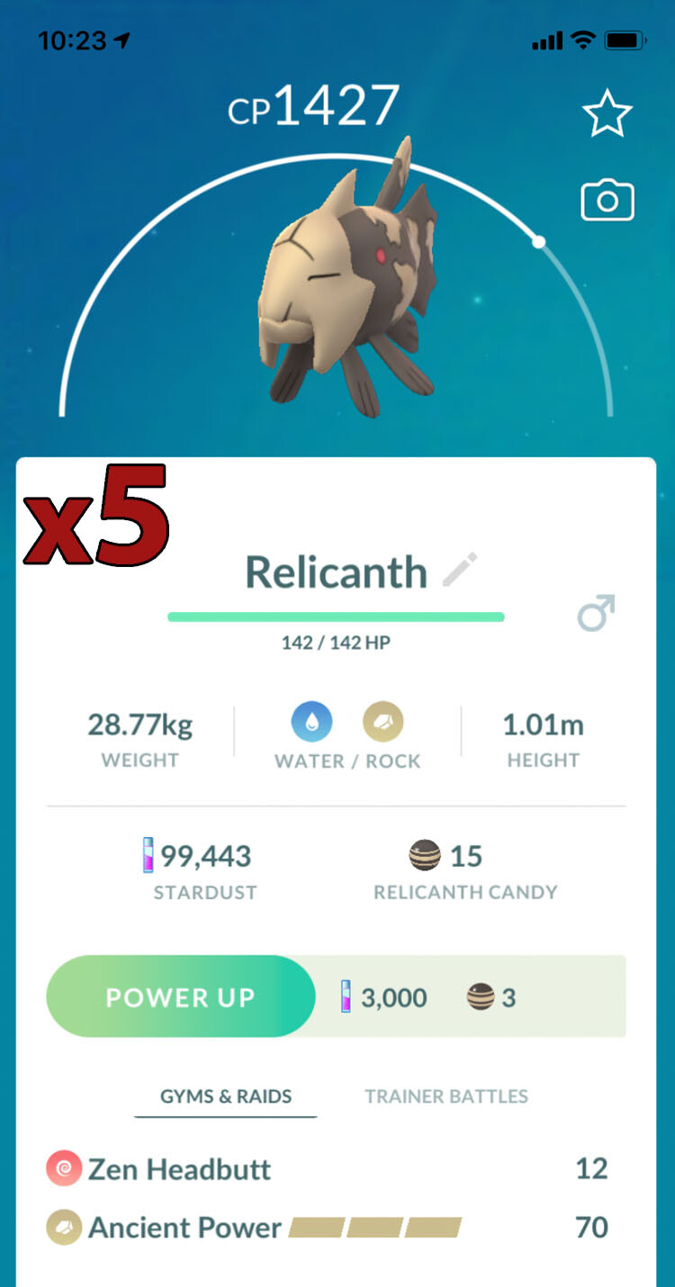 5x Relicanth Pokemon Bundle !! Good Chance of Lucky and Good IVs !! Go