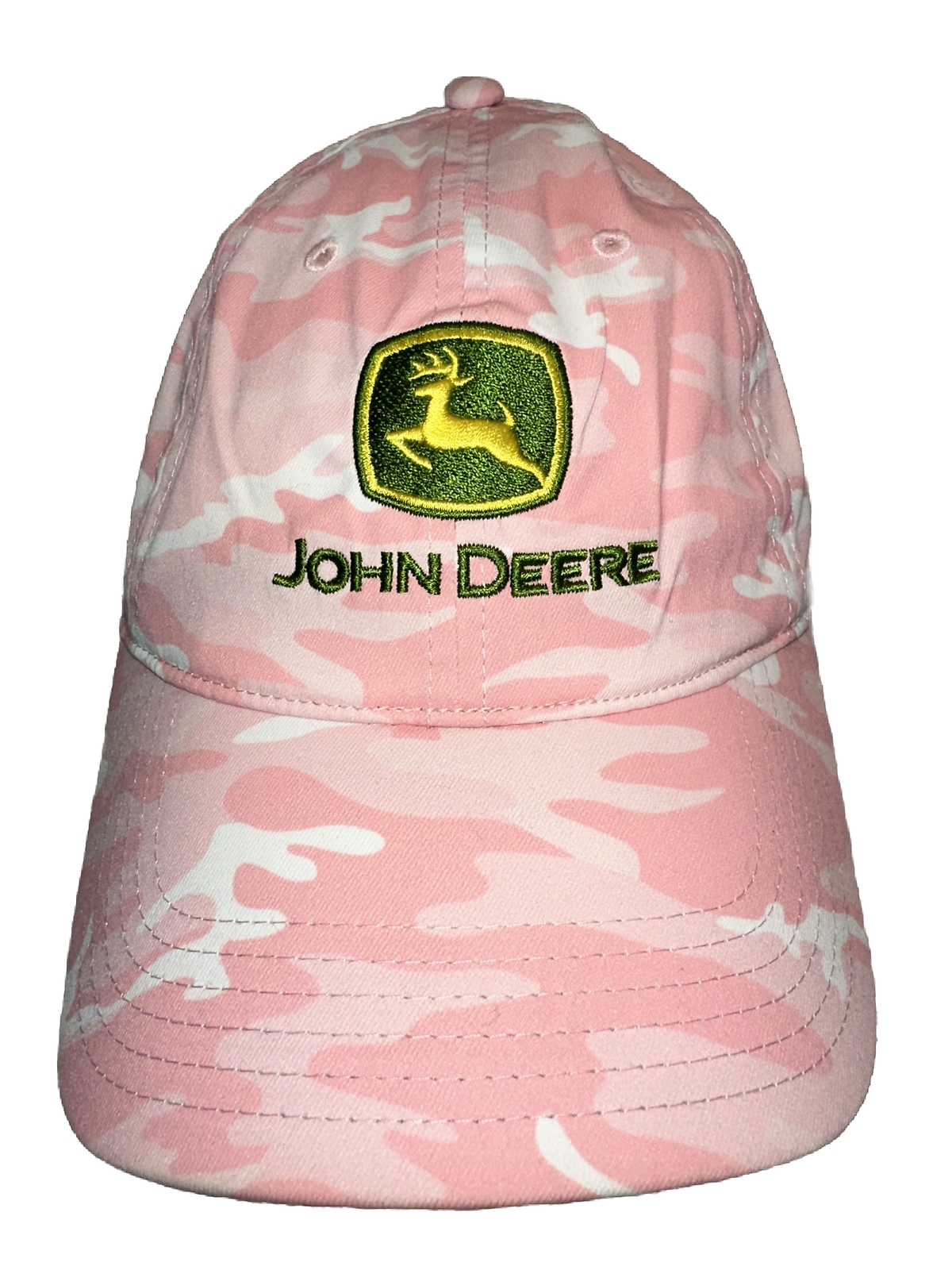 John Deere Green Yellow Patch Hat Cap on Pink Camouflage Hook Loop Ahead Brand