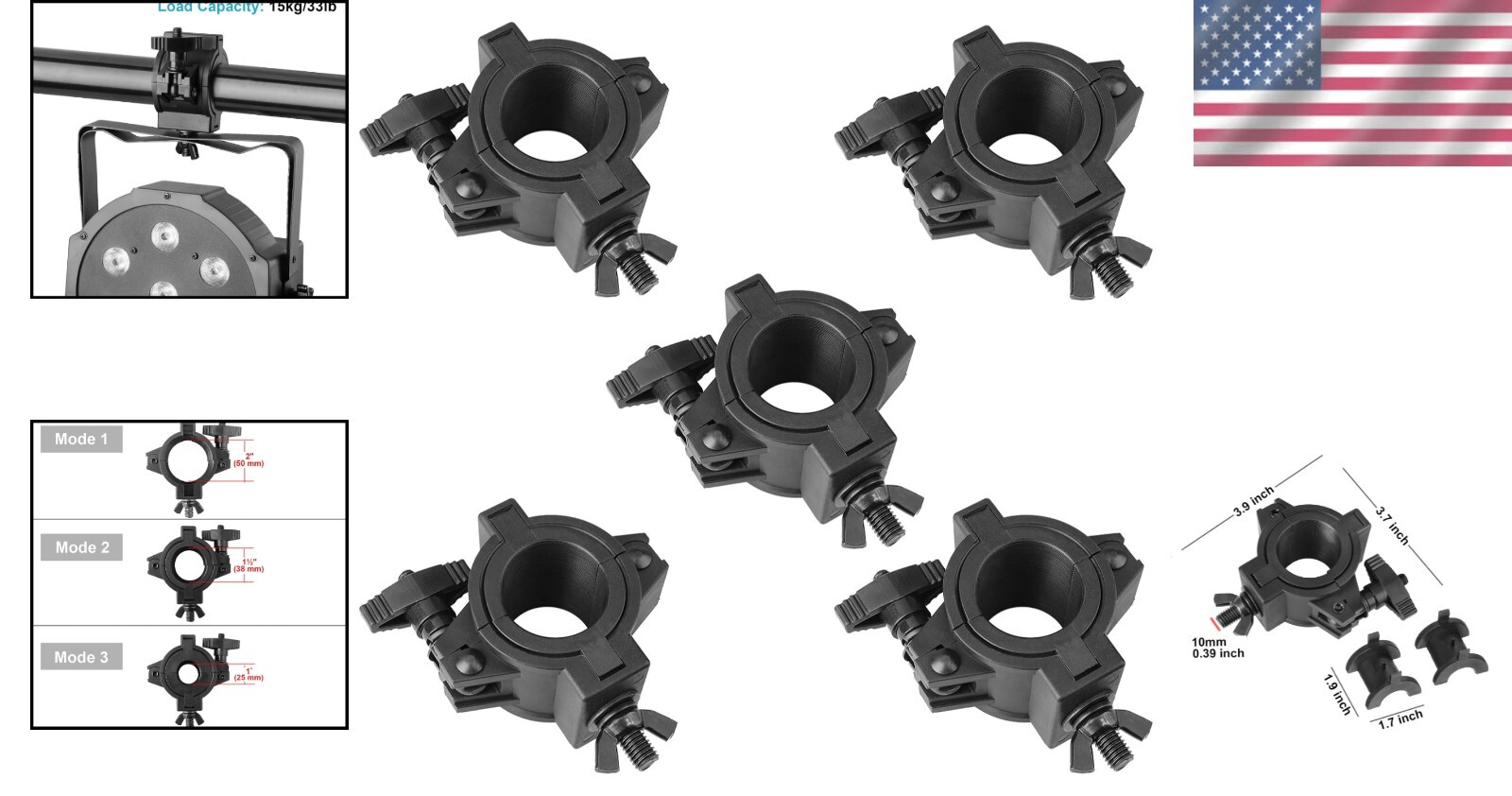 Lightweight 33lb Capacity Clamps for DJ Par Light - Versatile Hanging Solution