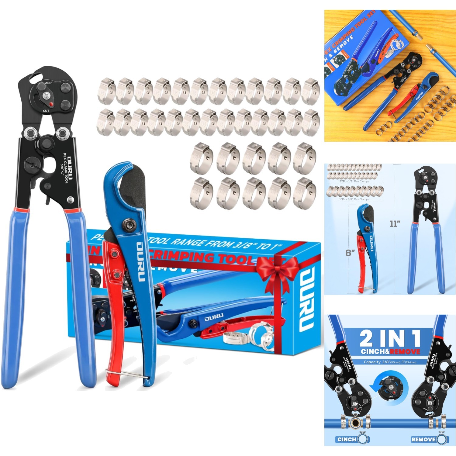 2-in-1 PEX Crimping Tool with Cutter & Clamp Kit 3/8-1", Stainless Steel Clamps